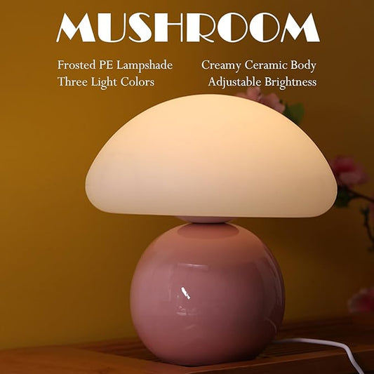 Cute Small Mushroom Lamp, PE Lampshade, Ceramic Spherical Base, Adjustable Light Color and Brightness, Safe USB Powered, Energy-Saving LED Mushroom Light for Bedroom Living Room (Pink)