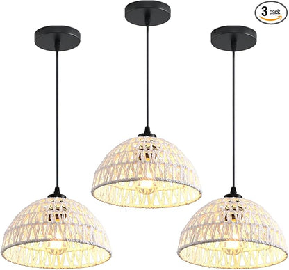 3 Pack Woven Pendant Light Fixtures,10.2" White Rattan Pendant Lights Farmhouse Basket Light Fixture Adjustable Boho Hanging Lamp for Kitchen Island Bedroom Dining Room Foyer Hallway