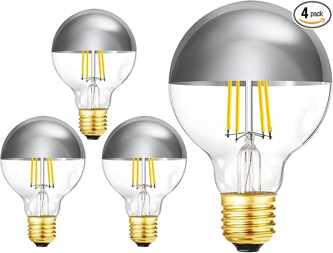 Half Chrome Light Bulb Dimmable 6W Anti Glare LED Light Bulbs 60 Watt E26 Silver Dipped Bulb 4000K Daylight G25 Globe Shape Decorative LED Bulbs G80 Bulbs for Bathroom,Vanity,Mirror,4 Pack