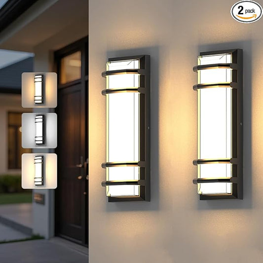 2Pack Outdoor Wall Lights 16 Inch,Dimmable Exterior Wall Sconce,3000K-6000K Adjustable Color Temperature,IP65 Waterproof Black Porch Light for House,Garage,Patio,Garden,Backyard,Front Door