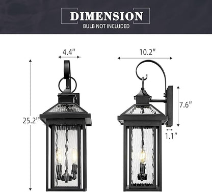 zeyu 2-Light Porch Wall Mount Light, 25.2'' Outdoor Porch Lantern Wall Mounted for House in Black Finish, Die-Cast Aluminum with Water Ripple Glass, ZW114BM BK-SW