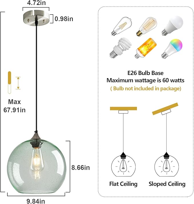 Light Green Glass Pendant Lights Kitchen Island Globe Pendant Light Fixtures Modern Pendant Lighting for Bedroom Living Dining Room Light Fixture (9.84 in, 2 Pack)