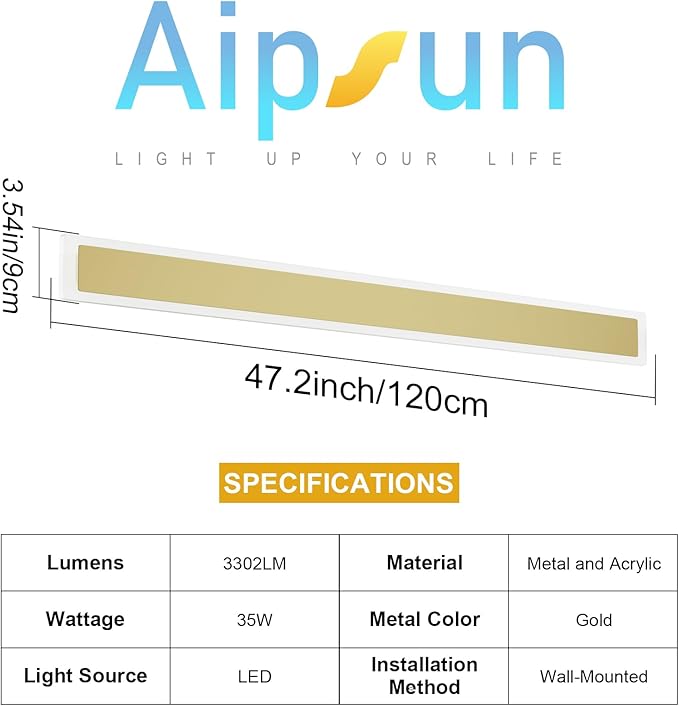 Aipsun Outdoor Lights 2 Pack,Modern Outdoor Wall Light Fixture Long Strip LED Wall Sconce IP65 Anti Rust Warm Light 3000K Gold Exterior Wall Mount Lights for Entrance, Hallway, Garage, Porch