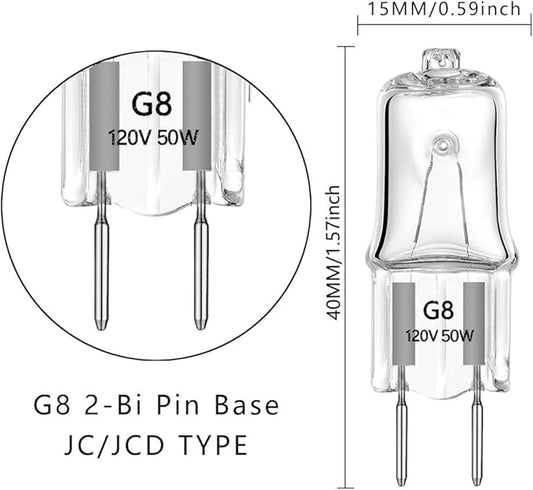 G8 Halogen Light Bulbs 50W 120V Xenon G8 Base 2Pin T4 JCD Type Warm White for Microwave Oven Replacements,for Candle Warmer Light Bulbs, Wax melt Bulbs,Pack of 10