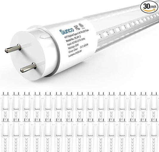 Sunco 30 Pack T8 LED Bulbs 4 Foot, 48 Inch Tube Light Bulbs Fluorescent Replacement, Single or Double Ended Hybrid Type A+B, 2400 LM, 20W, 5000K Daylight, Clear Lens ETL.