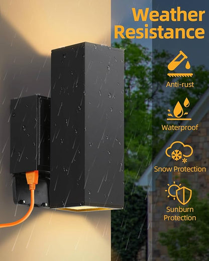 RAYVO Porch Light with Outlet Dusk to Dawn Outdoor Light Fixture Wall Mount with Matte Black Finish, Square Up and Down Lights Outdoor Sconce Aluminum Outside Lights for House Porch Garage Patio