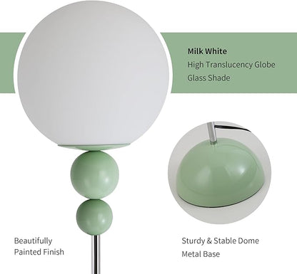 Modern Glass Floor Lamp for Bedroom, 63'' Vintage Mid-Century Floor Lamp with Milky White Frosted Glass Globe Shade for Living Room Corner, Slim Standing Reading Lamp for Office Decor (Pastel Green)