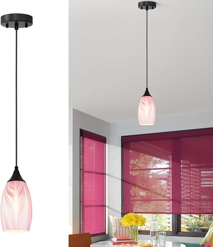 ANYLOVE Vintage Art Pendant Gold-Pink Stripe Lighting,1-Pack Hand Glass Hanging Light Fixture,Adjustable Cord for Kitchen,Hallway,Dining Room