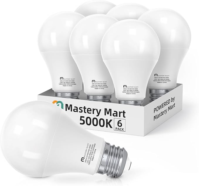 MASTERY MART 6 Pack A19 LED Light Bulbs 60 Watt Equivalent, 9W Non-Dimmable, Flicker-Free, 800 LM, Bright Daylight White 5000K, E26 Base, 10000 Hrs, 80+ CRI, Energy Saving, for Living Room, Office