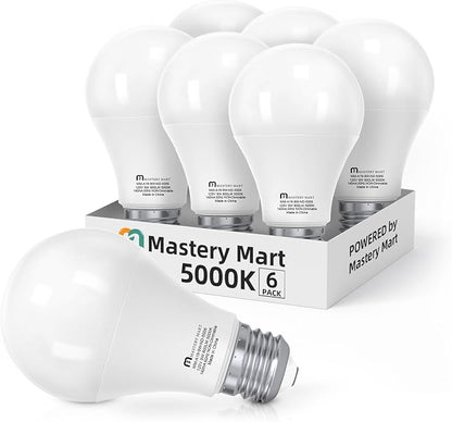 MASTERY MART 6 Pack A19 LED Light Bulbs 60 Watt Equivalent, 9W Non-Dimmable, Flicker-Free, 800 LM, Bright Daylight White 5000K, E26 Base, 10000 Hrs, 80+ CRI, Energy Saving, for Living Room, Office
