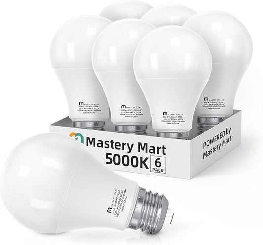 MASTERY MART 6 Pack A19 LED Light Bulbs 60 Watt Equivalent, 9W Non-Dimmable, Flicker-Free, 800 LM, Bright Daylight White 5000K, E26 Base, 10000 Hrs, 80+ CRI, Energy Saving, for Living Room, Office