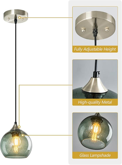 Gray Green Glass Pendant Lights Kitchen Island Lighting Globe Pendant Light Fixtures Modern Pendant Lighting for Kitchen Island Bedroom Living Dining Room Light Fixture(5.9in, 2-Pack)