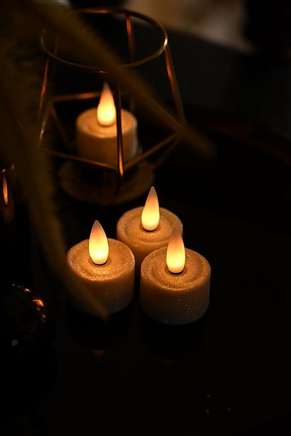 Rechargeable Flameless Tealights Candle with Remote Timer, 3D Moving Flame Real Wax Led Tealight Candles (Includes Remote Control, Charging Base, and USB Cable) (Glitter Ivory, 1.4in)