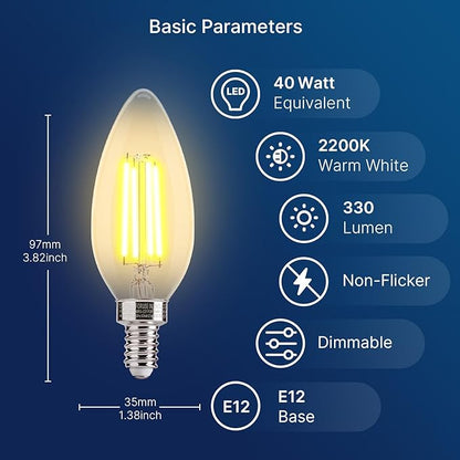 FLSNT Amber LED Candelabra Light Bulbs 40W Equivalent, B11 E12 LED Chandelier Bulbs, 2200K Warm White, Dimmable, 330LM, 24 Pack UL,CA65 Listed.