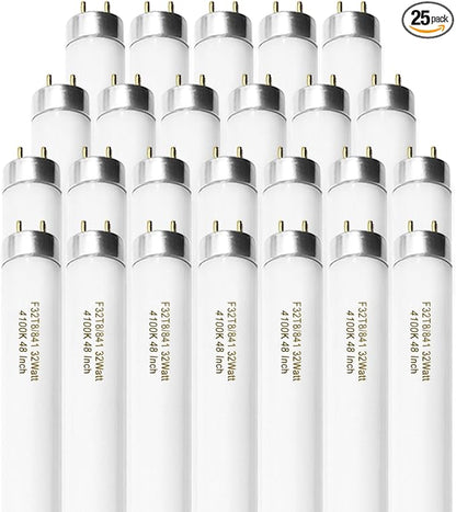 25 Pack F32T8/841 Fluorescent Tube 48 Inch, T8 Fluorescent Light Bulb 4 Foot 32 Watt 4100K Cool White 2600 Lumens G13 Base