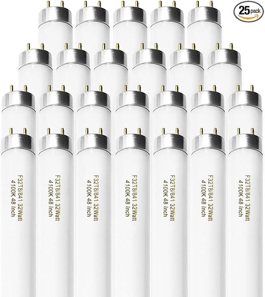 25 Pack F32T8/841 Fluorescent Tube 48 Inch, T8 Fluorescent Light Bulb 4 Foot 32 Watt 4100K Cool White 2600 Lumens G13 Base