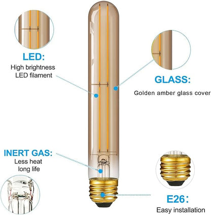 7.3 Inch E26 Led Bulb 6W Dimmable, 2200K Amber White Vintage Edison Bulbs, Equal 80 Watt T10 T9 Long Tubular Glass Light Bulb 800LM for Rustic Pendant Pipe Wall Sconces - UL Cert 6Pack