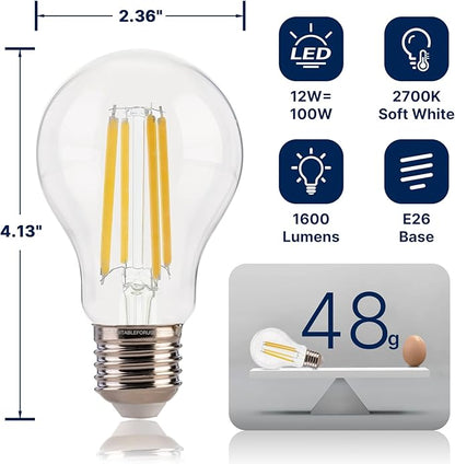 FLSNT 100W Equivalent A19 LED Light Bulbs, Efficient 12W, 1600Lumens, 2700K Soft White, CRI82, E26 Base LED Filament Light Bulbs, Clear Glass, 4 Pack, Non-Dimmable
