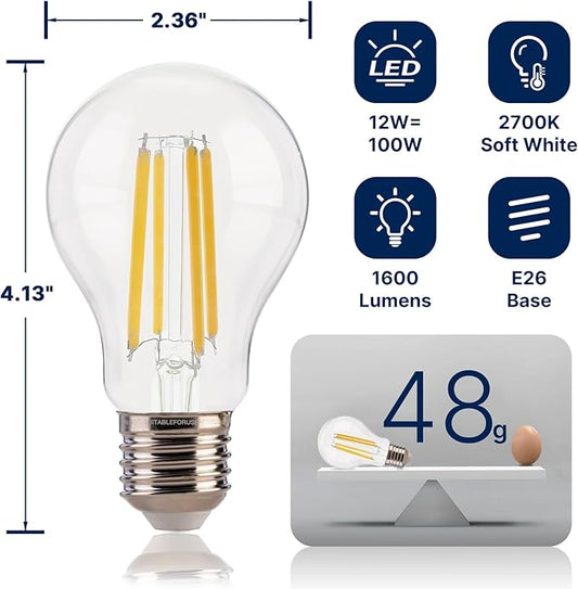 FLSNT 100W Equivalent A19 LED Light Bulbs, Efficient 12W, 1600Lumens, 2700K Soft White, CRI82, E26 Base LED Filament Light Bulbs, Clear Glass, 4 Pack, Non-Dimmable