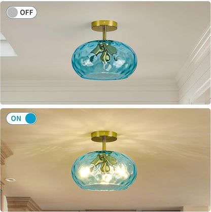 Blue Glass Semi Flush Mount Ceiling Light - 12 Inch Hammered Glass Hallway Light fixtures Ceiling, Vintage Gold Flush Mount Ceiling Light,Mid Century Light Fixture for Bedroom Entryway Kitchen