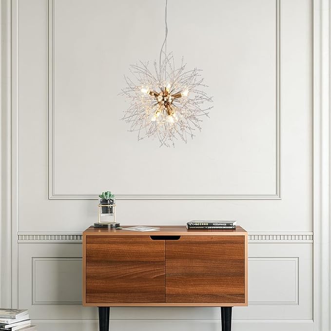 Small Modern Chandelier, 8 Lights Gold Dandelion Chandelier, Firework Crystal Chandeliers for Dining Room, Sputnik Pendant Light Fixture for Kitchen Island, Bedroom