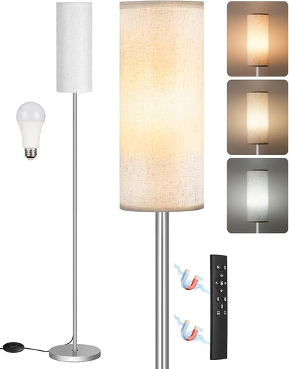 Dimmable Floor Lamps for Living Room with Remote and Foot Switch, 64.4” Modern Standing Tall Lamp, Corner Lamp for Office, Bulb Included, 3000K-6500K, Silver and Off-White SW06LD05W1