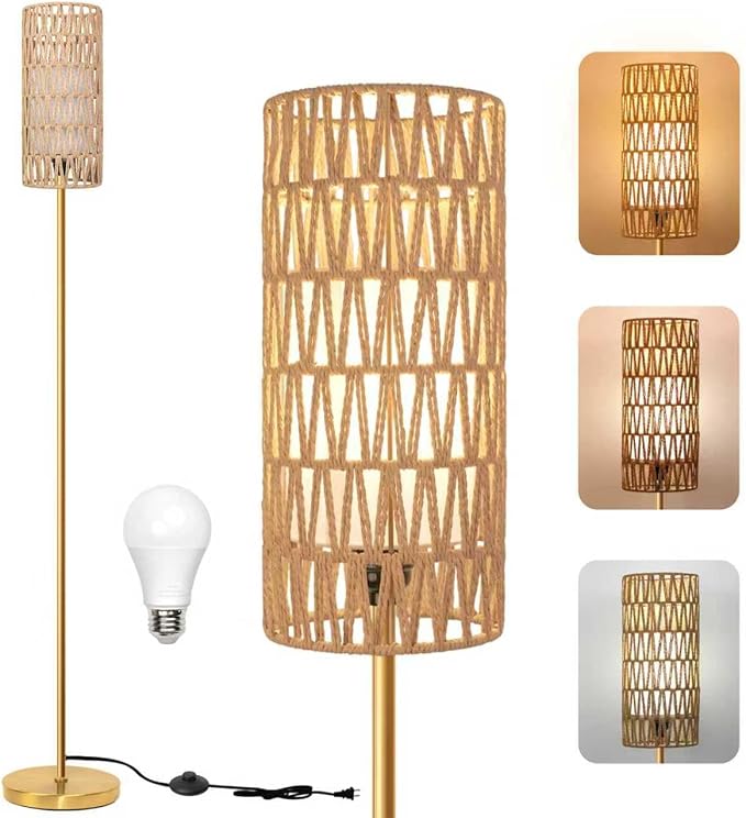 Floor Lamp for Living Room,Farmhouse Floor lamp,Modern Standing lamp with Hand-Worked Rattan Shade (Round Rattan Shade Gold Color-3 Color Bulb)