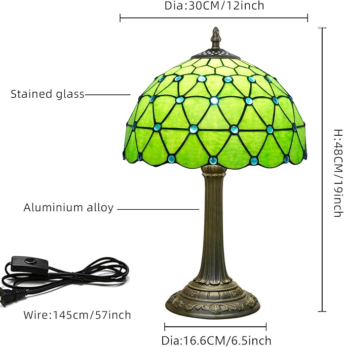 Green Tiffany Lamp For Bedrooms Bedside Stained Glass Table Lamp Farmhouse Lamps Night Stands Retro Traditional Nightstand Desk Decor Blue Beads Side Living Room End Desk Reding Lighting 12x12x19 Inch