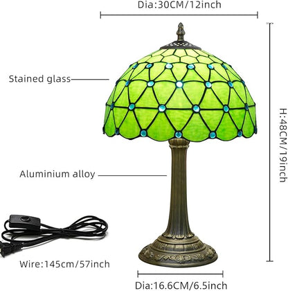Green Tiffany Lamp For Bedrooms Bedside Stained Glass Table Lamp Farmhouse Lamps Night Stands Retro Traditional Nightstand Desk Decor Blue Beads Side Living Room End Desk Reding Lighting 12x12x19 Inch