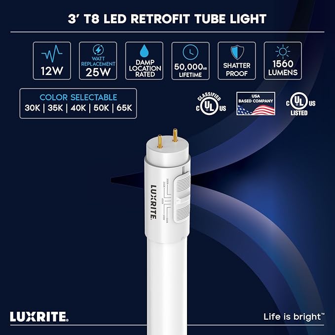 LUXRITE 3FT LED Tube Light, T8, 12W=25W, 5CCT 3000K- 6500K, 1560LM, 320° Beam Angle, Fluorescent Replacement, Ballast Compatible or Bypass, Single or Double End Powered, Damp & UL Listed (12 Pack)
