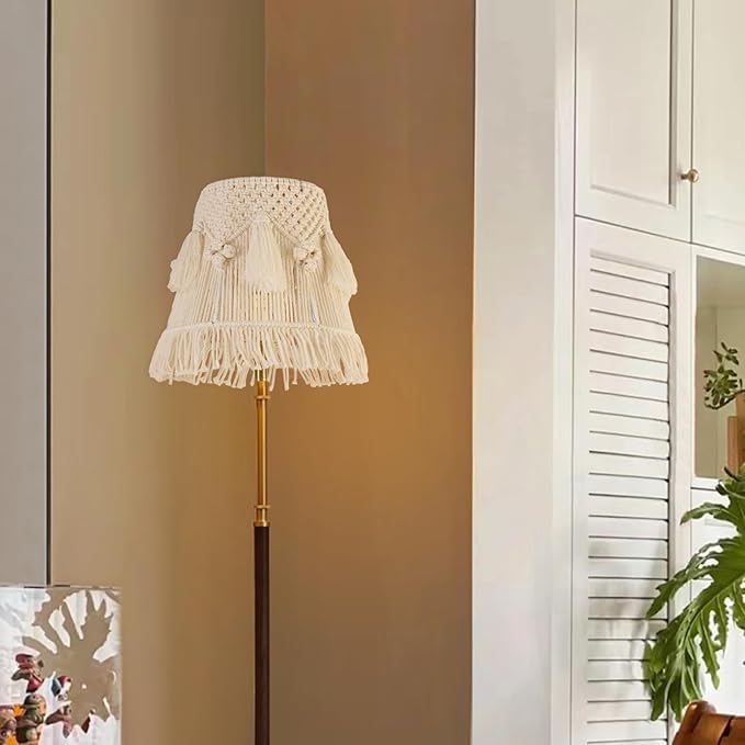 Boho Bell Lampshade Handmade White Ivory Lamp shade 7.5``Top x 12``Bottom x 11``High(Spider) Medium Woven Lamp shade for Table Lamp & Bedside Lamp - Replacement Tassel Lampshade