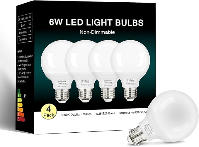 G25 LED Light Bulb, Round Vanity Light Bulbs for Bathroom, 40W LED Equivalent, Daylight White 5000K, Globe Light Bulbs E26 Base, 600LM, Non-Dimmable, 4-Pack