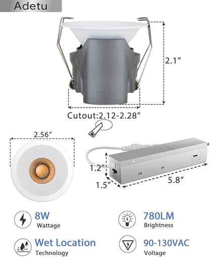 Adetu 2 Inch 5CCT White LED Recessed Ceiling Light with Junction Box, 2700K/3000K/4000K/5000K Selectable, CRI90, 8W COB, 780LM, Dimmable Canless IP65 Waterproof Downlight-ETL&FCC (White, 6 Pack)
