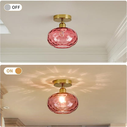 Red Glass Semi Flush Mount Ceiling Light - 7.9 Inch Hammered Art Deco Glass Small Hallway Light fixtures, Vintage Gold Flush Mount Ceiling Light for entryway Foyer Laundry Room Kitchen