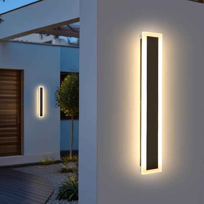 2 Pack 24 in Long Outdoor Wall Light Modern Outdoor Wall Sconce LED 3000K Outdoor Wall Lights Exterior Linear Wall Light IP65 Waterproof Black Long Exterior Light for Garage Porch Patio