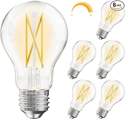 DAYBETTER 6 Pack A19 Vintage LED Edison Bulbs, 60W Equivalent Dimmable LED Bulbs, High Brightness 2700K Warm White, 800 Lumens, 8W E26 Standard Base, CRI80+, Clear Glass Filament Bulb for Living Room