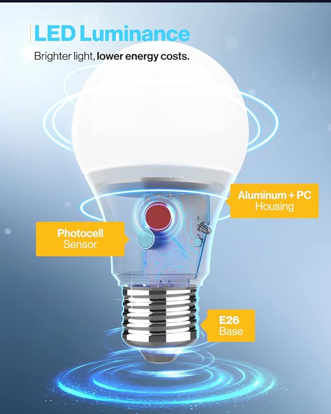 Sunco 24 Pack Dusk to Dawn LED Outdoor Light Bulb A19, Photocell Automatic for Exterior Lighting, 800 LM, 9W (60W Eqv.), 5000K Daylight, Auto On/Off Sensor, IP65 Rated UL