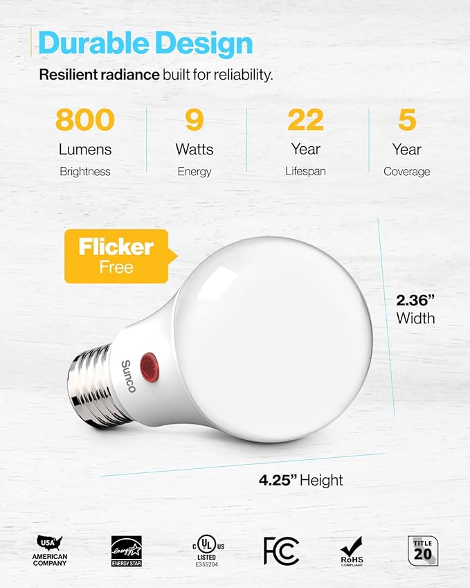 Sunco Dusk to Dawn LED Outdoor Light Bulb A19, Photocell Automatic for Exterior Lighting, 800 LM, 9W (60W Eqv.), 4000K Cool White, Auto On/Off Sensor, IP65 Rated UL 4 Pack