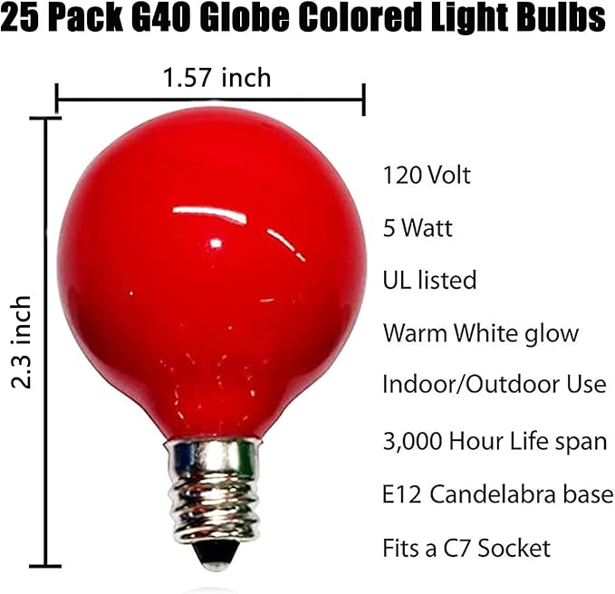 SUNSGNE G40 Multicolor Christmas Replacement Light Bulbs, 25 Pack Round Colorful Christmas Bulbs, 1.57 Inch Globe Xmas Light Bulbs, E12/C7 Candelabra Base Light Bulb for Indoor Outdoor Decor- 5 Watt