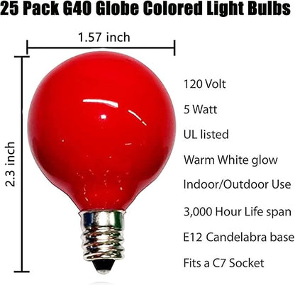 SUNSGNE G40 Multicolor Christmas Replacement Light Bulbs, 25 Pack Round Colorful Christmas Bulbs, 1.57 Inch Globe Xmas Light Bulbs, E12/C7 Candelabra Base Light Bulb for Indoor Outdoor Decor- 5 Watt