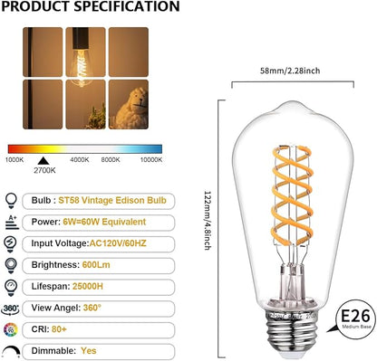 BORT Dimmable LED Edison Bulbs,2700K Warm White, 6W Equivalent to 60W Vintage Light Bulbs, Antique Flexible Spiral LED Filament Decorative Light Bulbs