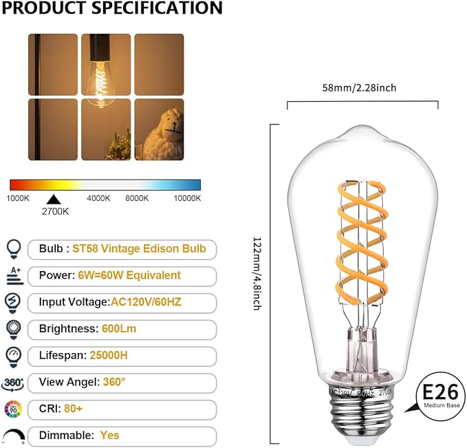 BORT 12Pack Dimmable LED Edison Bulbs,2700K Warm White, 6W Equivalent to 60W Vintage Light Bulbs, Antique Flexible Spiral LED Filament Decorative Light Bulbs
