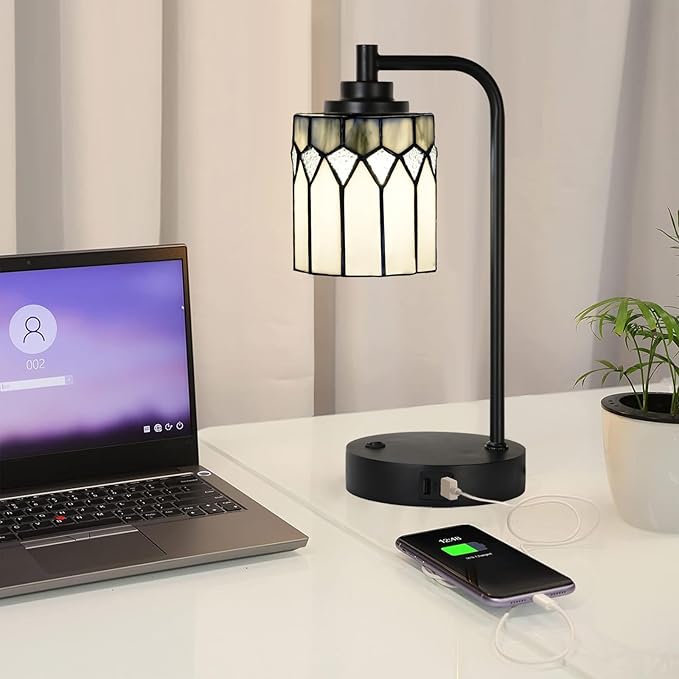 TL0019 Tiffany Table Lamp with 2 USB Charging Ports, Desk Lamp with Geometric Stained Glass Lamp Shade, Retro Nightstand H 14.5" for Bedrooms Office Study, LED Bulbs Included (Grey)