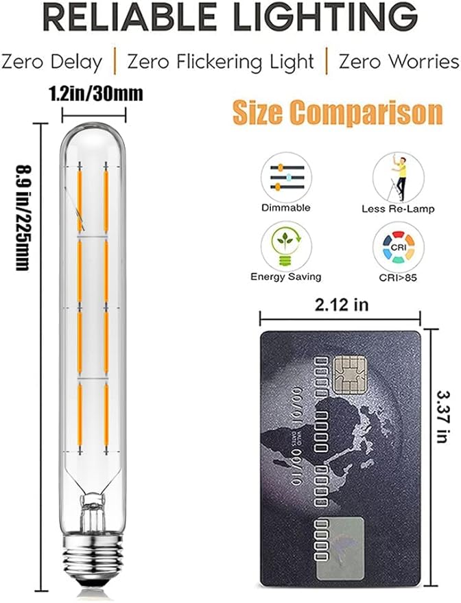 XININSUN T10 Led Bulbs,Long Tubular Led Light Bulbs, E26 Dimmable Tubular Bulb,Equivalent 75 Watt, E26 Edison Style Vintage LED Filament Light Bulb,2700K Warm White,8.9in(225mm),4-Pack.