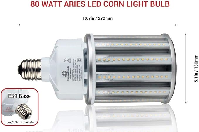 RuggedGrade Aries Series 80W LED Corn Bulb | 10,400 Lumens | 3000K Warm White | E39 Base | 6KV Surge Protection | Fanless Design | DLC 5.1 Premium