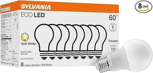 LEDVANCE Sylvania ECO LED Light Bulb, A19 60W Equivalent, Efficient 9W, 7 Year, 750 Lumens, 2700K, Non-Dimmable, Frosted, Soft White - 8 Pack (40821)