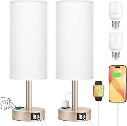 Touch Bedside Table Lamps Set - 3 Way Dimmable Bedroom Lamps Set of 2 with USB C and A Ports, Small Lamps for Nightstand with AC Outlet, Gold Base Round Flaxen Shade for Desk, Office, Dorm, Nursery