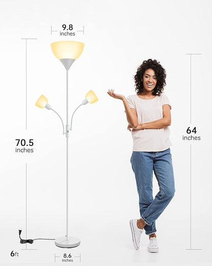 Floor Lamp White, Standing Lamp, 71" Tall Lamps for Living Room, 3 Way Switch, Plastic Lampshade, Torchiere Floor Lamp with Reading Lamps, Modern Pole Lamps for Bedroom Kids Room E26 Base(No Bulb)