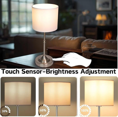 Rechargeable Table Lamp, Cordless Touch Lamps, Portable Desk Light with Stepless Dimmable Brightness & Fabric Shade for Nightstand Bedside Living Room (Silver, Straight)
