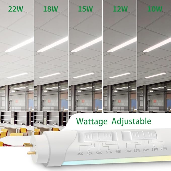 30PK T8 LED Tube Bulbs 4 Foot, Frosted 10W-22W 5 Watt Selectable 5 CCT 3500K-6500K, Type A+B Plug & Play or Ballast Bypass 4ft Fluorescent Light Bulbs Replacement, Single or Double-Ended